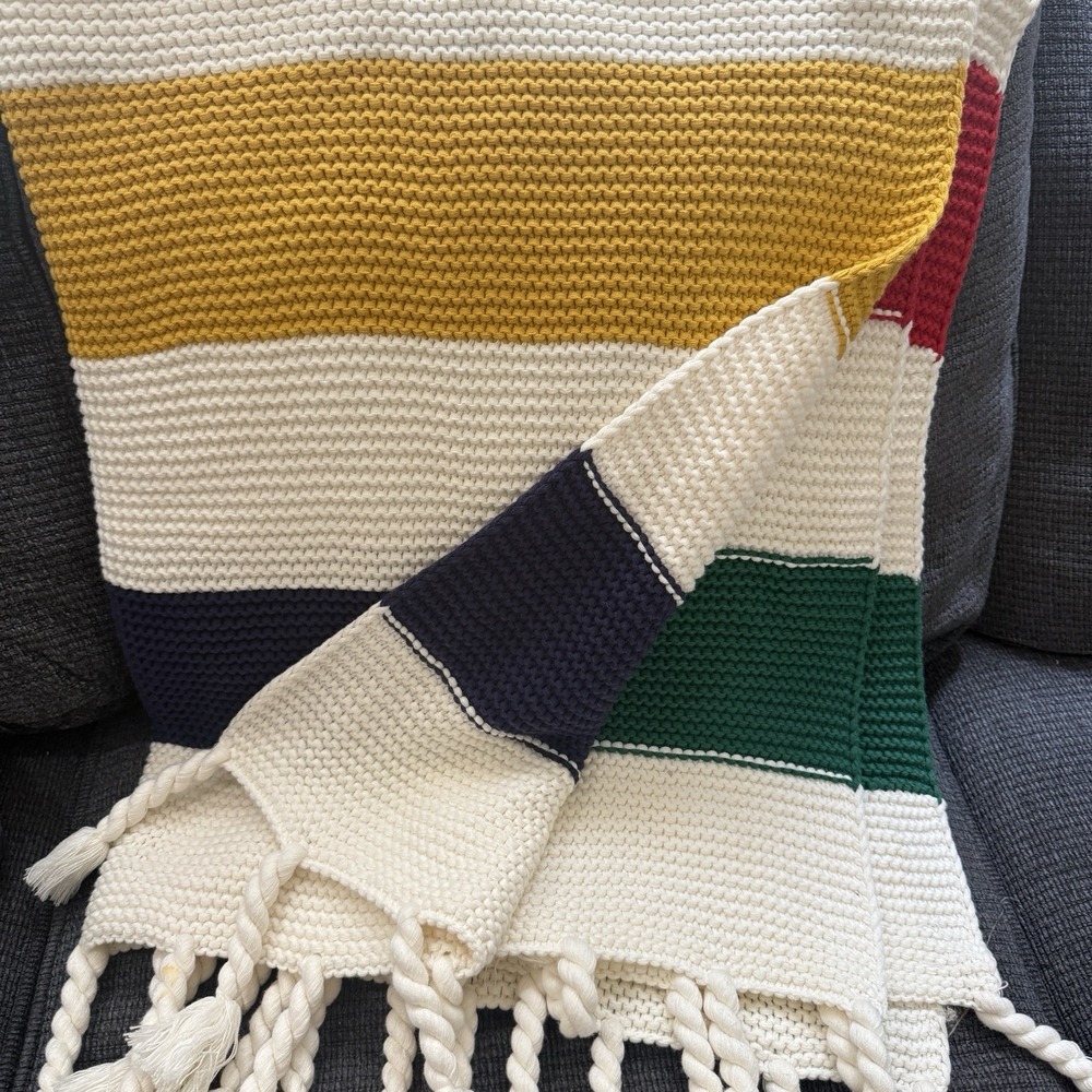 RARE Hudson's Bay Throw Blanket Big Striped Chinky Knit w Tassels Coastal